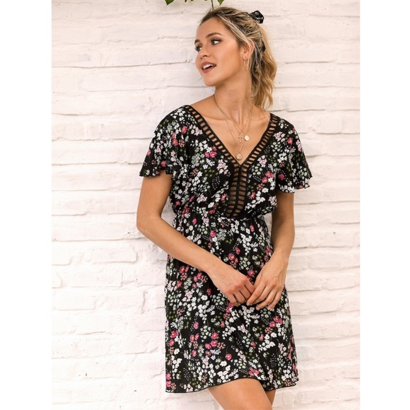 Floral Print Open Back Mini Black Dress - Picture 3 of 9